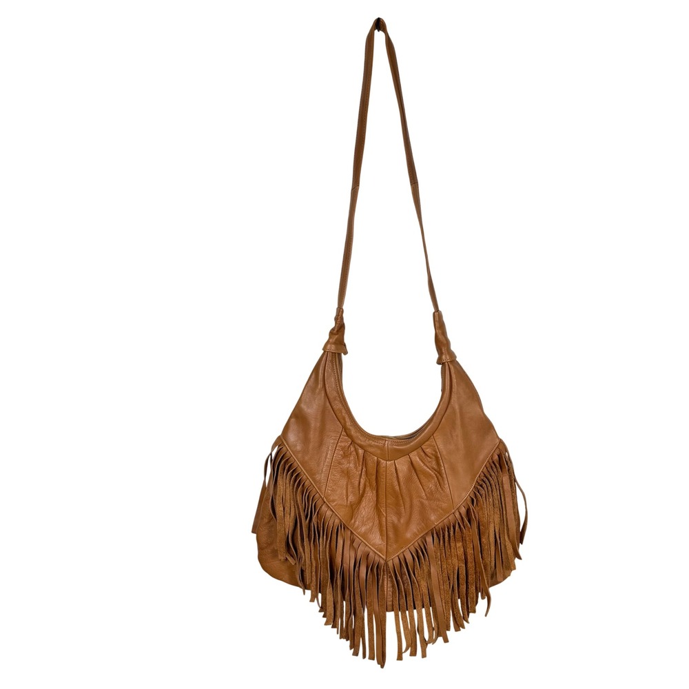 VTG Brown Genuine Leather Fringe Hobo Bag Boho Crossbody Made in Mexico Western